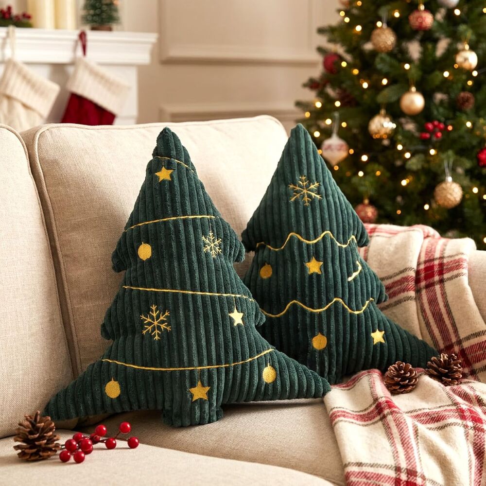 Green Christmas Tree Throw Pillows Set of 2 Corduroy Embroidered 14x16 Holiday